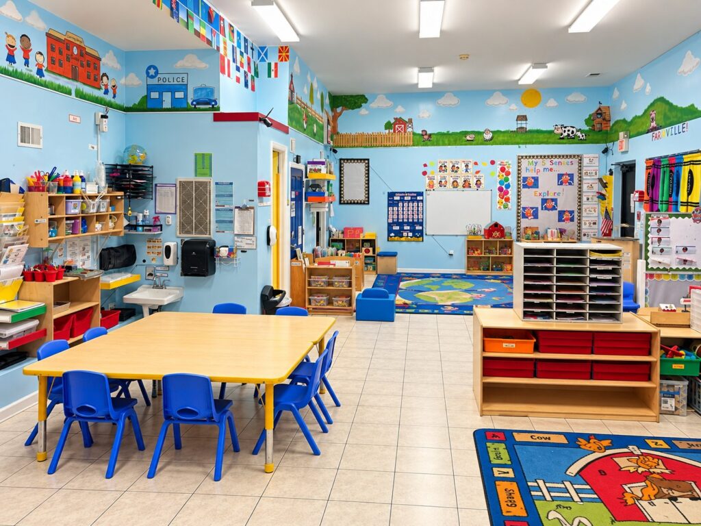 A bright Learningville classroom in Passaic with child-size tables, learning centers, a world-map rug, and hand-painted farm murals